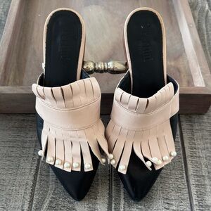 Pertini Spain Mules – Black & Blush with Pearl Accents Size 38